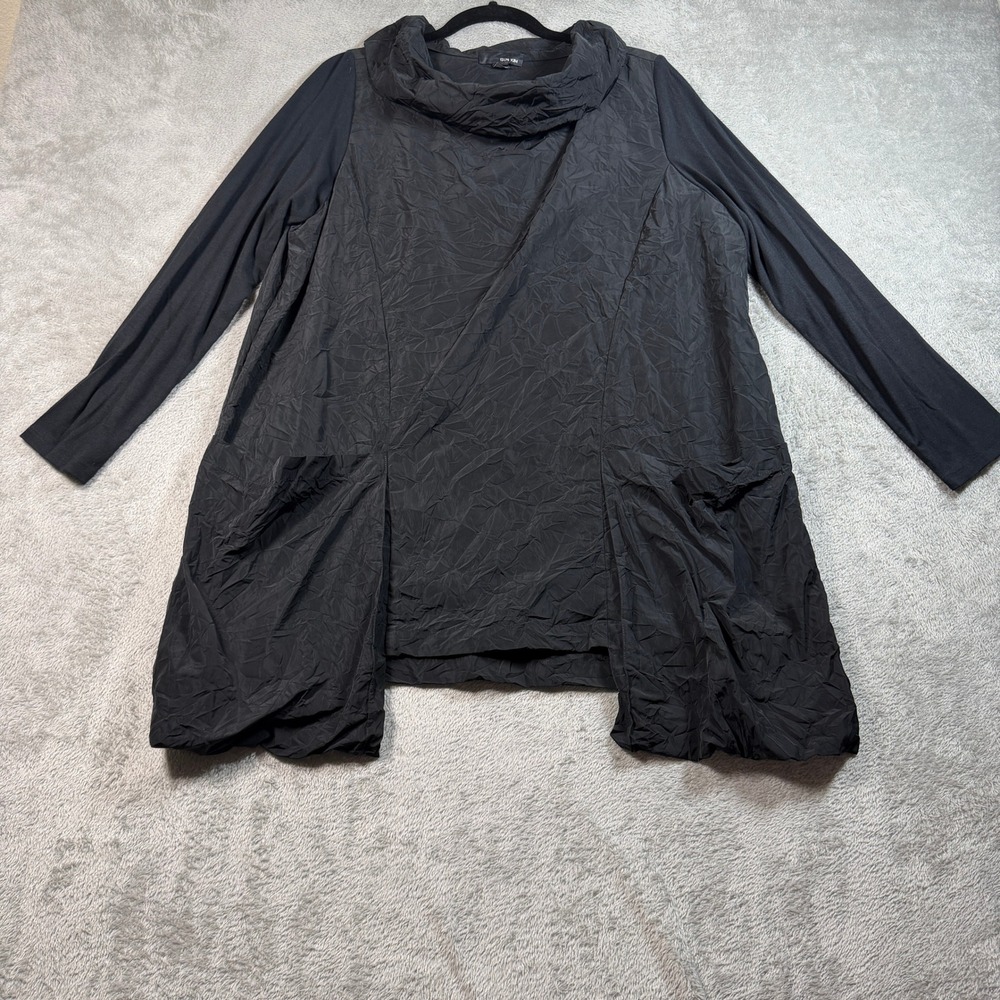 Sun Kim Tunic Top Women Medium Black Lagenlook Cowl Neck Crinkle Mixed Media